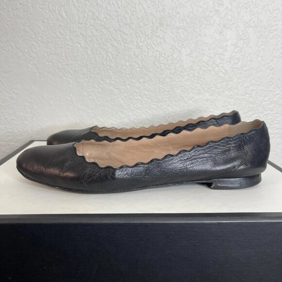 Chloe Lauren Scalloped Trim Black Leather Ballet Flats Slip On Women's Size 9 - Picture 4 of 10